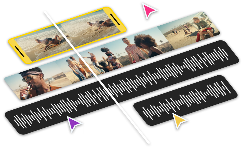 Abstracted video editing timeline with playhead and multiple collaborative cursors