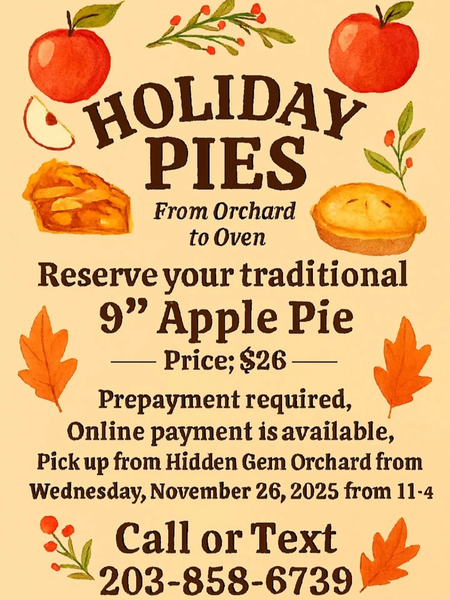 Excited to announce that we are teaming up with Horse Hill Provisions to offer a limited number of traditional 9" apple pies for Thanksgiving orders. The pies will be made with HGO heirloom apples. The pick up date is Wednesday 11/26 from 11 AM 