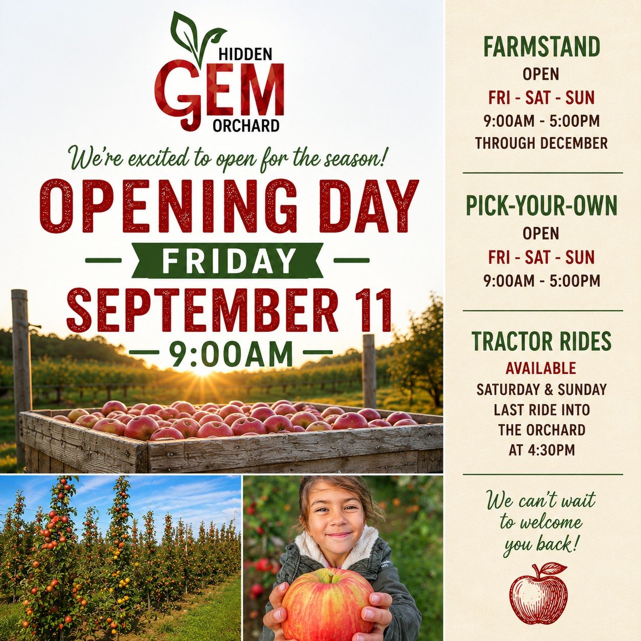 We&rsquo;re back! 🍎🍏

On behalf of Jim Wargo and the entire Hidden Gem Orchard family, we&rsquo;re excited to welcome you back to the orchard beginning Friday, September 11 at 9 AM!

 Farm Stand: Fri-Sat-Sun | 9 AM&ndash;5 PM
 Pick-Your-Own: Fri-Sa