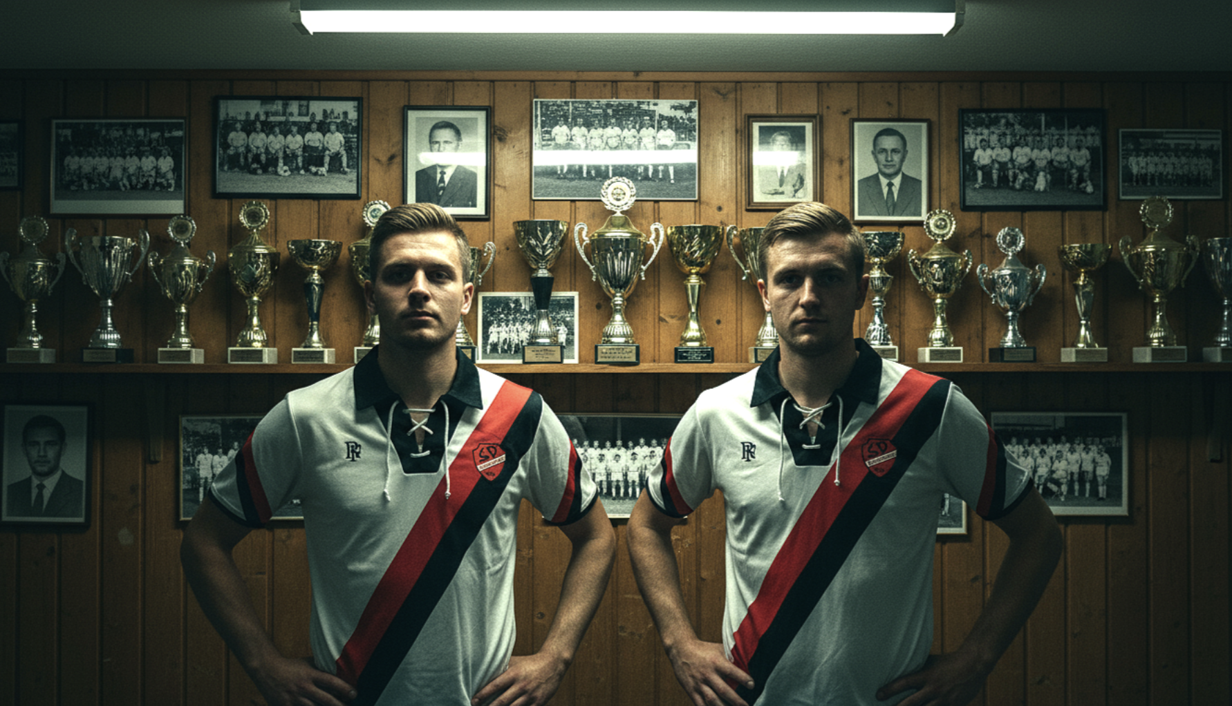Zwei junge Männer in weißen Fußballtrikots mit roten und schwarzen diagonalen Streifen stehen vor einer Wand voller Pokale und Fotos im Sportclubraum.