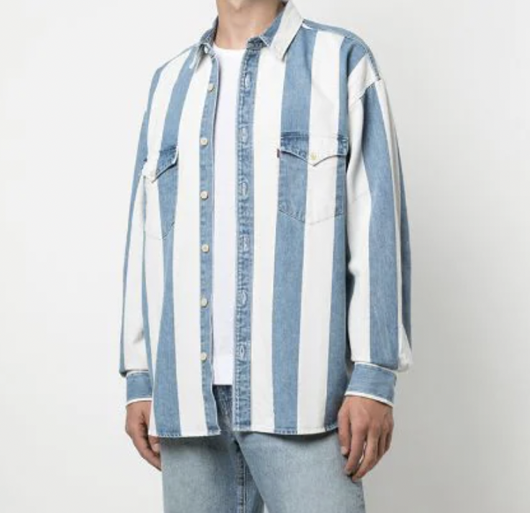 Blue & White Striped Denim Shirt / $64