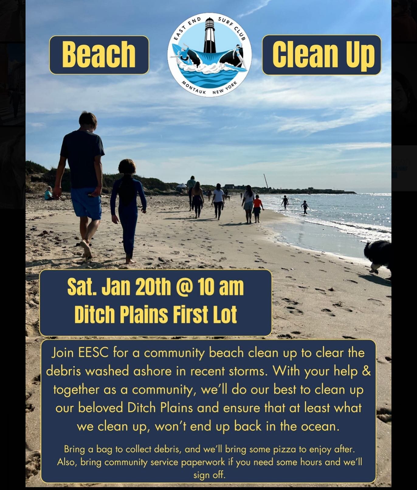 Beach Clean Up!

Sat. Jan 20th @ 10 am
Ditch Plains First Lot
Join EESC for a community beach clean up to clear the debris washed ashore in recent storms. With your help &amp; together as a community, we'll do our best to clean up our beloved Ditch P