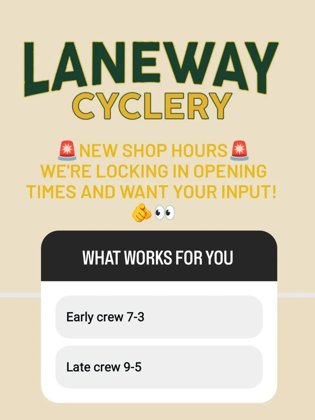 🚨NEW SHOP HOURS 🚨
I'm looking at opening hours and what your input 🫵👀
Pick from below 👇