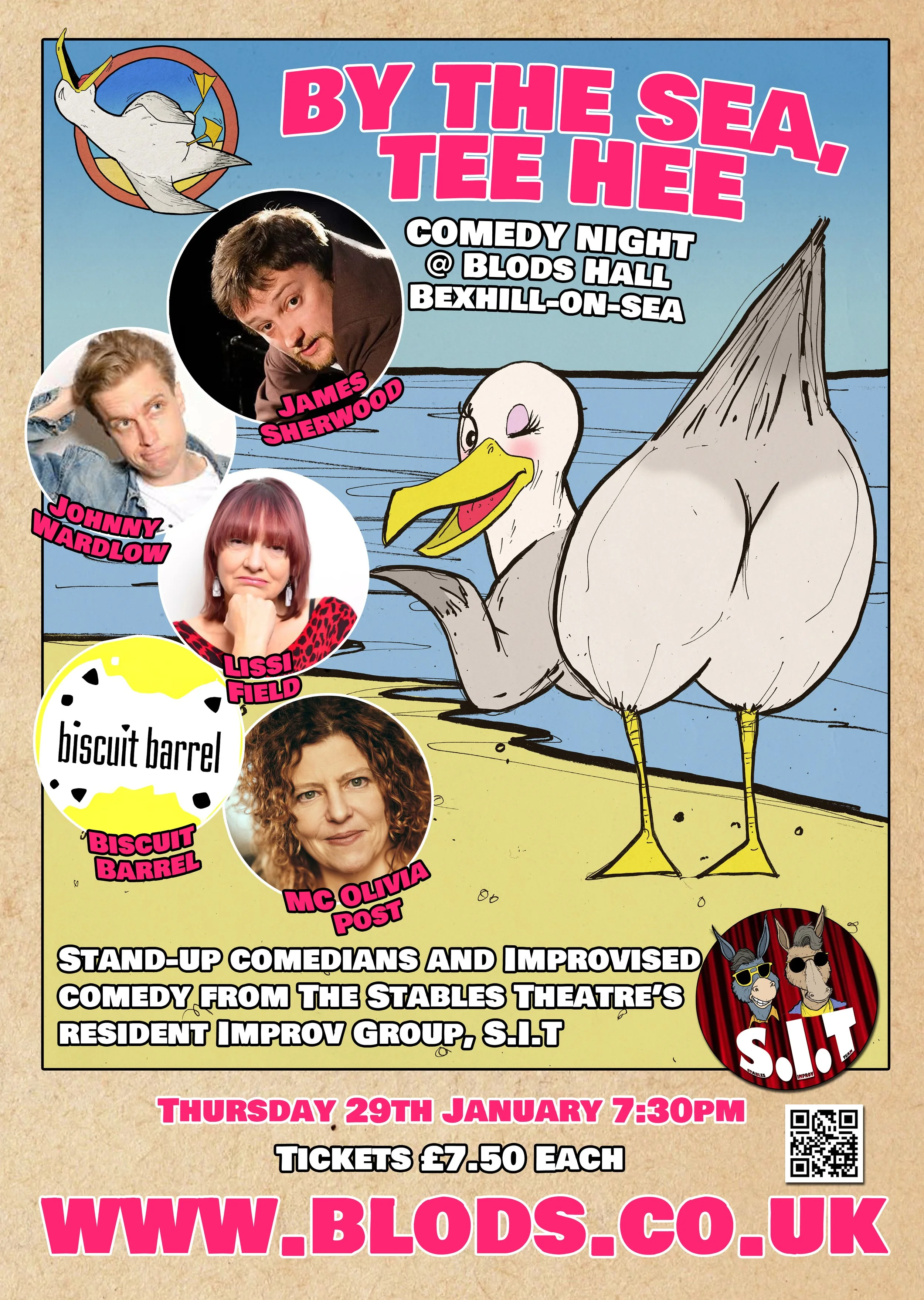 A colorful comedy show poster for 'By The Sea, Tee Hee.' It features a cartoon illustration of a seagull and pictures of five comedians: Naomi Wattis, Dave Thompson, Richard Stainbank, Adrian Antony, and MC Oliva Post. The event is at Blods Hall, Bexhill-on-Sea, on Thursday, November 27th at 7:30 PM, with tickets costing £16.50. The poster includes a website URL for ticket purchase.