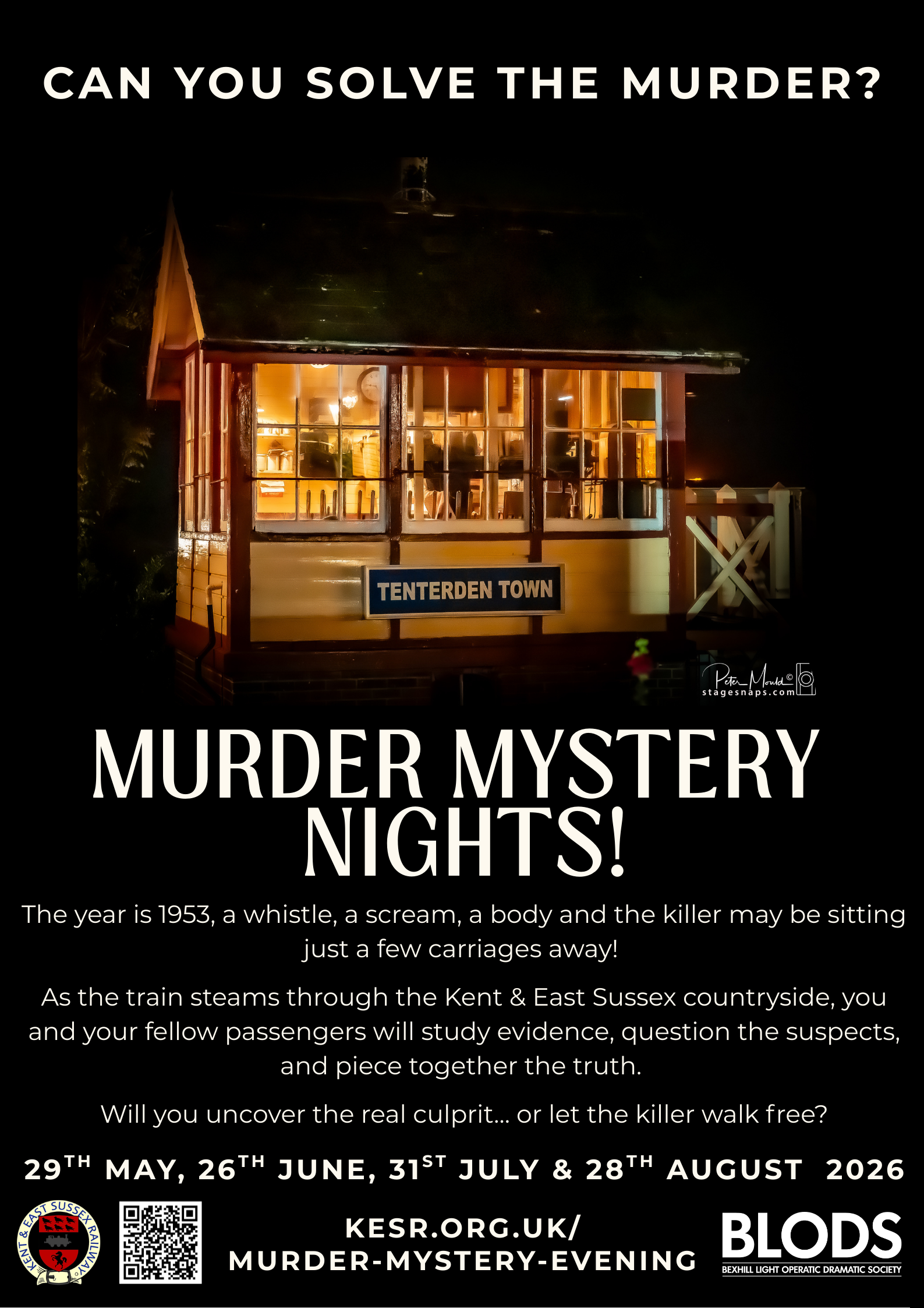 A poster advertising a murder mystery event titled 'Tenterden Signal's Murder,' with a photo of a small, warmly lit station building at night and event details below.