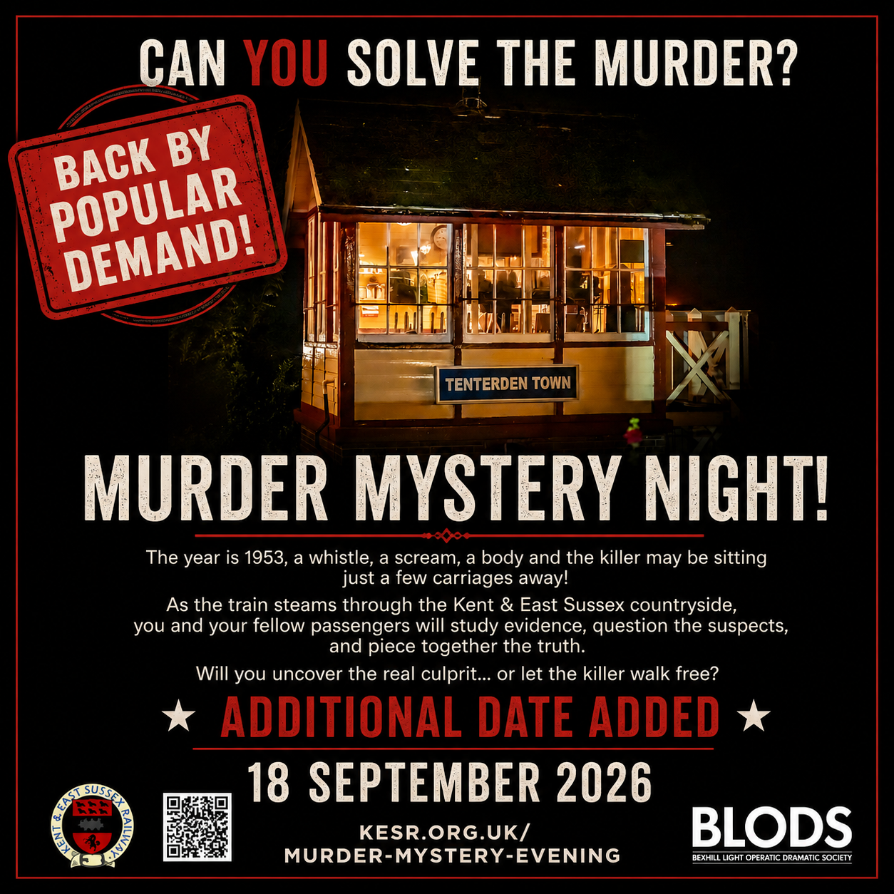 A poster advertising a murder mystery event titled 'Tenterden Signal's Murder,' with a photo of a small, warmly lit station building at night and event details below.