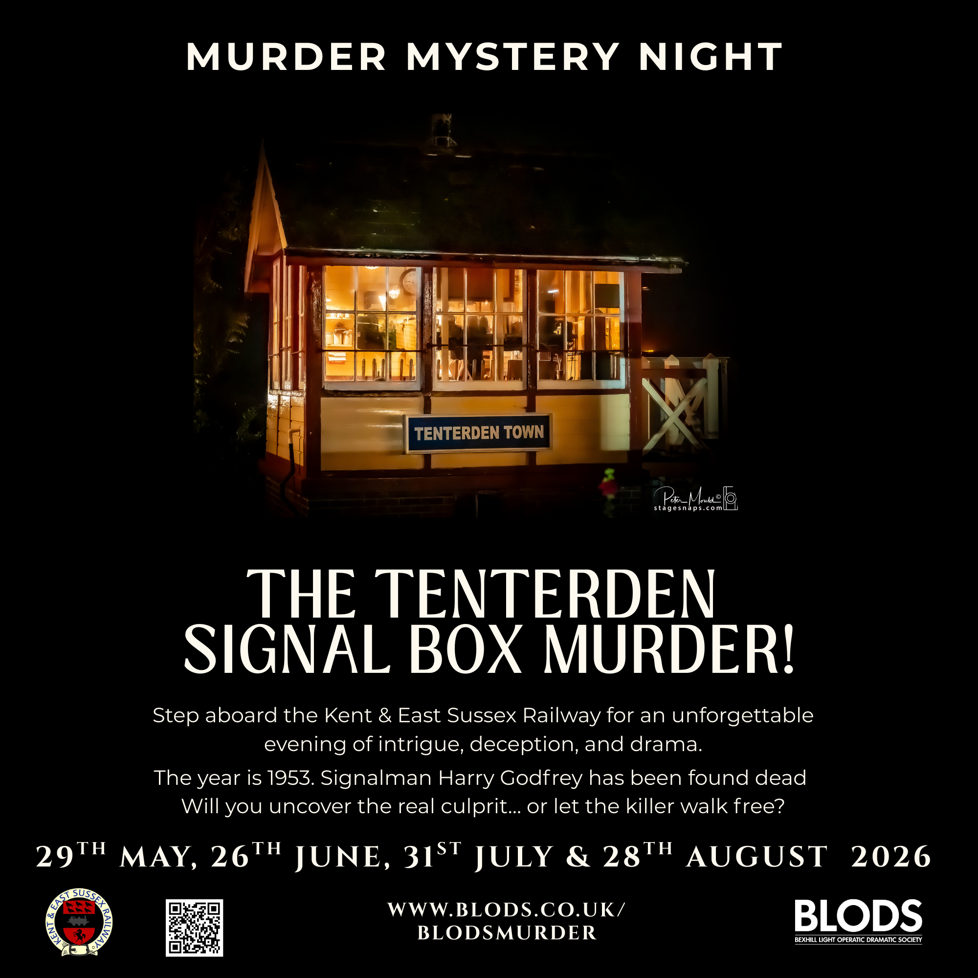 A poster advertising a murder mystery event titled 'Tenterden Signal's Murder,' with a photo of a small, warmly lit station building at night and event details below.