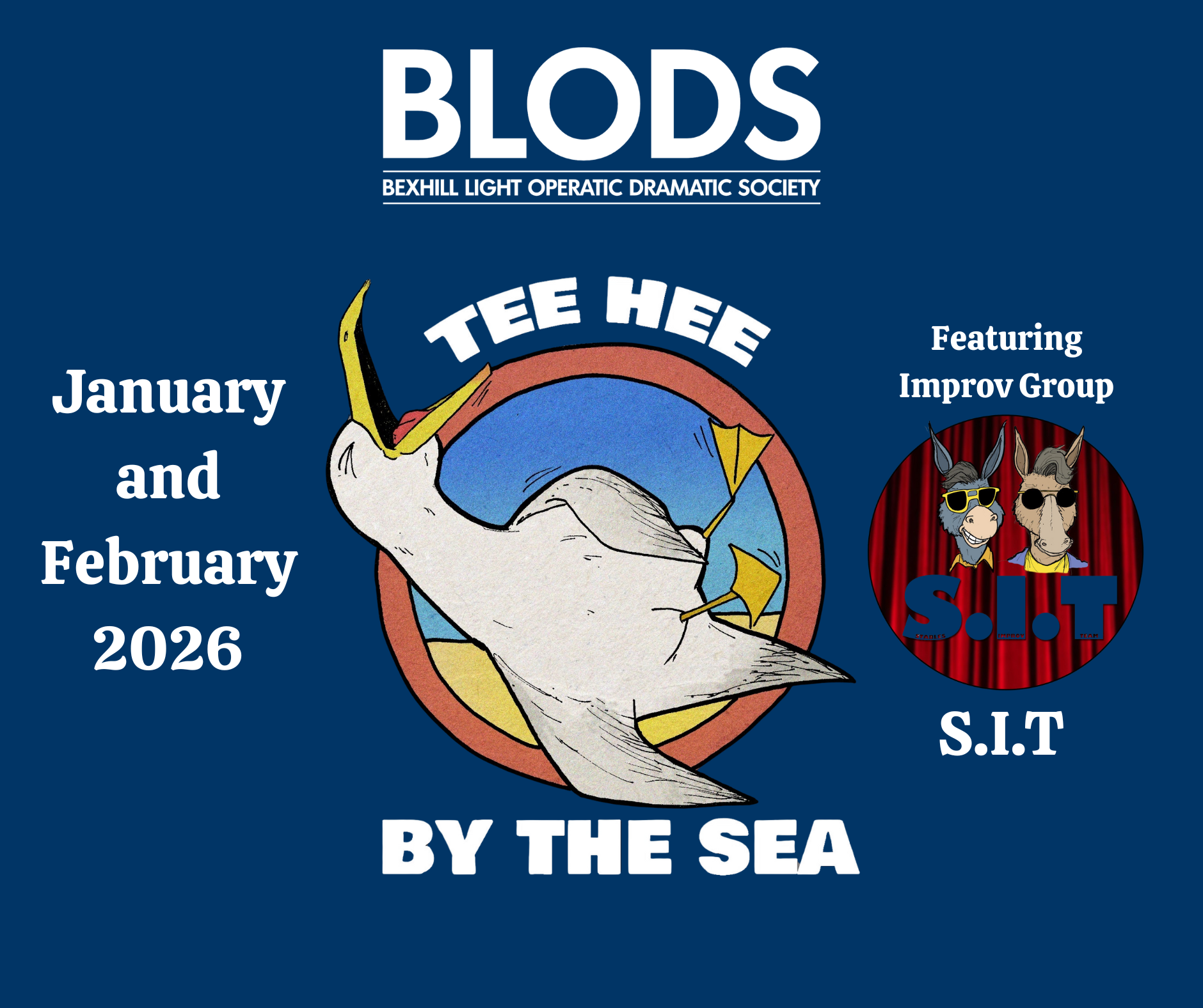 A colorful comedy show poster for 'By The Sea, Tee Hee.' It features a cartoon illustration of a seagull and pictures of five comedians: Naomi Wattis, Dave Thompson, Richard Stainbank, Adrian Antony, and MC Oliva Post. The event is at Blods Hall, Bexhill-on-Sea, on Thursday, November 27th at 7:30 PM, with tickets costing £16.50. The poster includes a website URL for ticket purchase.