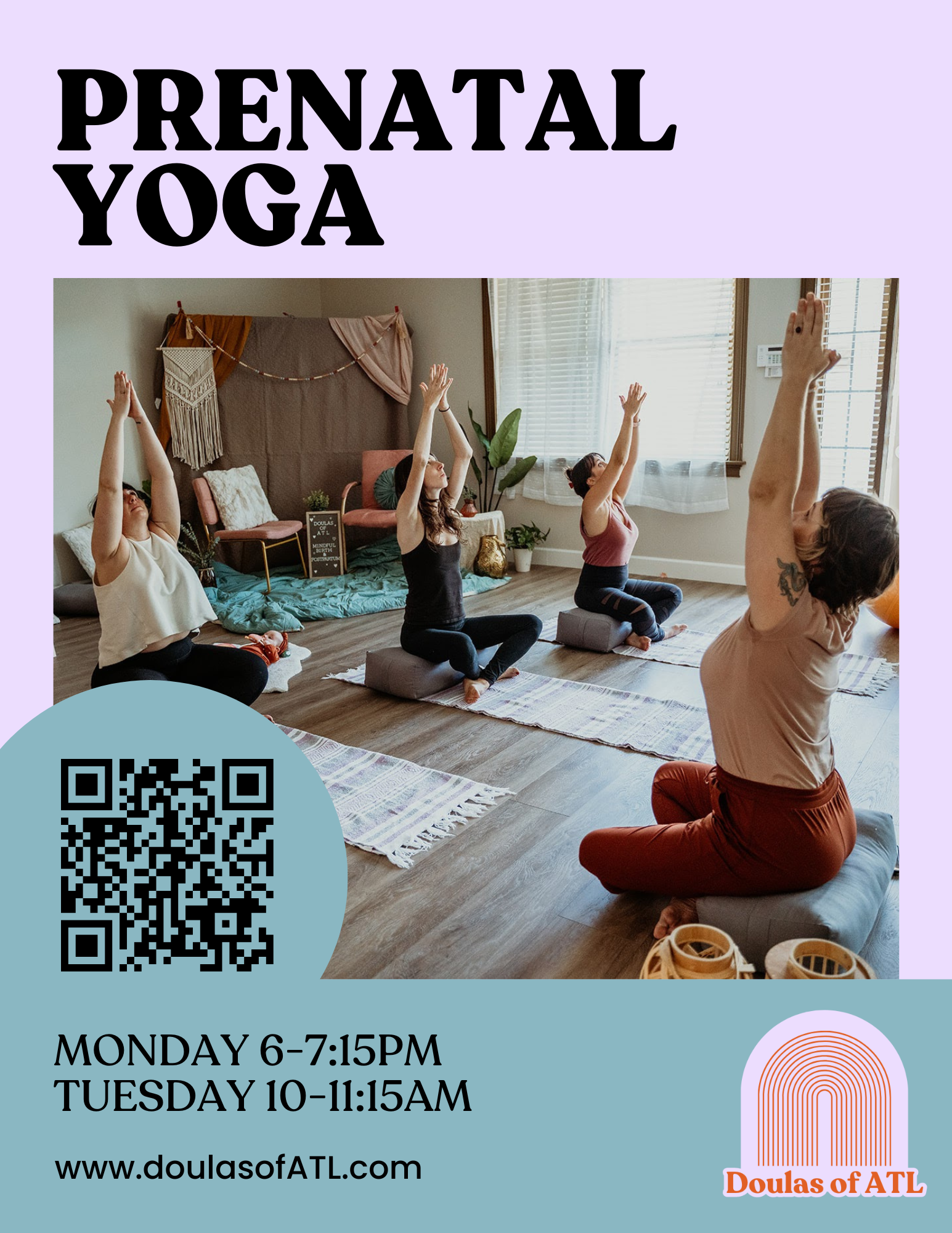 Prenatal Yoga flyer showing Lauren Bernazza leading mothers in prenatal yoga movement. Classes are offered in Roswell on Monday evening and Tuesday mornings