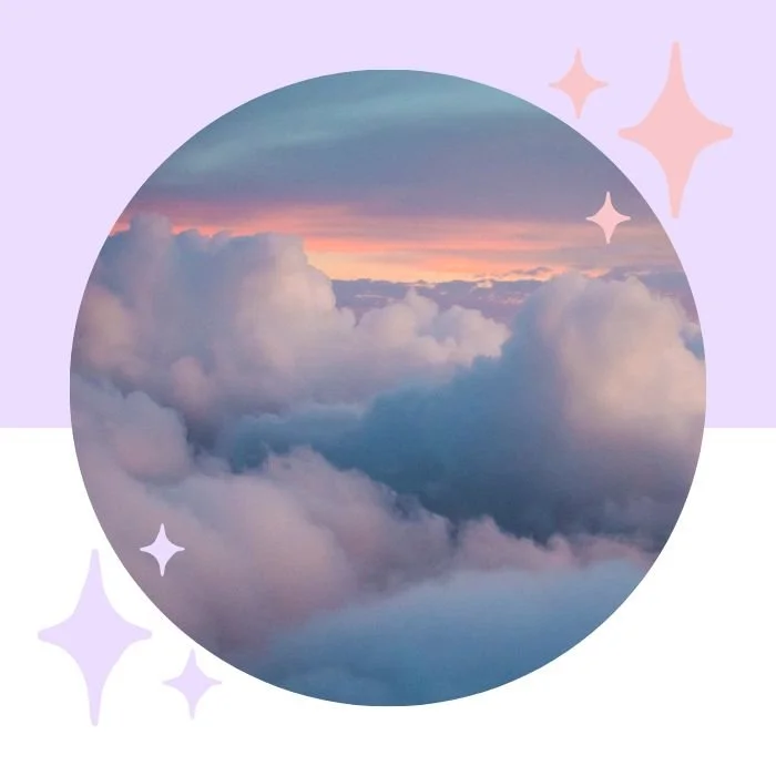 A view of fluffy clouds during sunset with pink and purple hues in the sky, framed within a circular cutout on a pastel lavender background with decorative star shapes.