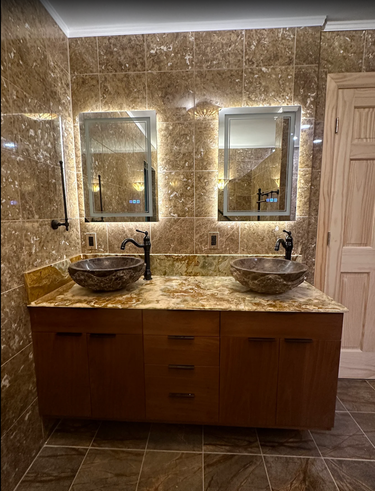 Double vanity with lighted mirrors in Brookfield, CT