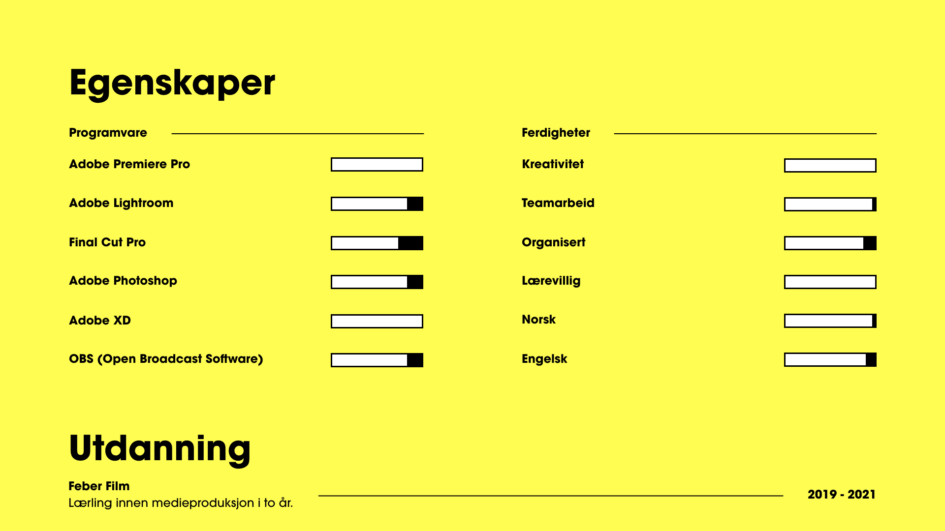 A graphic chart with a yellow background categorizes skills and language proficiency in Norwegian. The left side lists software programs like Adobe Premiere Pro, Lightroom, Final Cut Pro, Photoshop, XD, and OBS with progress bars, some nearly full. T