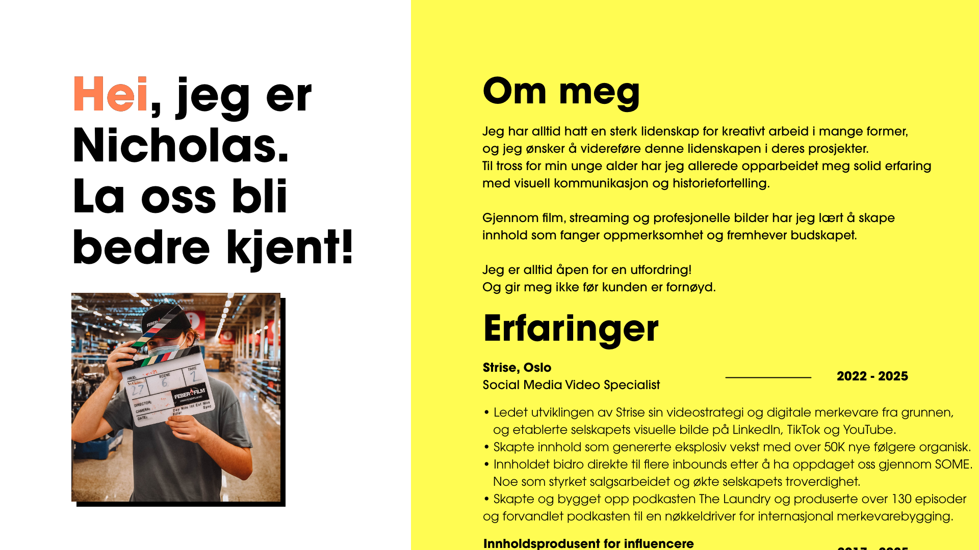 A scrapbook-style digital profile featuring a bold black and orange text greeting in Norwegian, a yellow section with personal information in Norwegian, and a photograph of a young man holding a film clapboard at an indoor event.