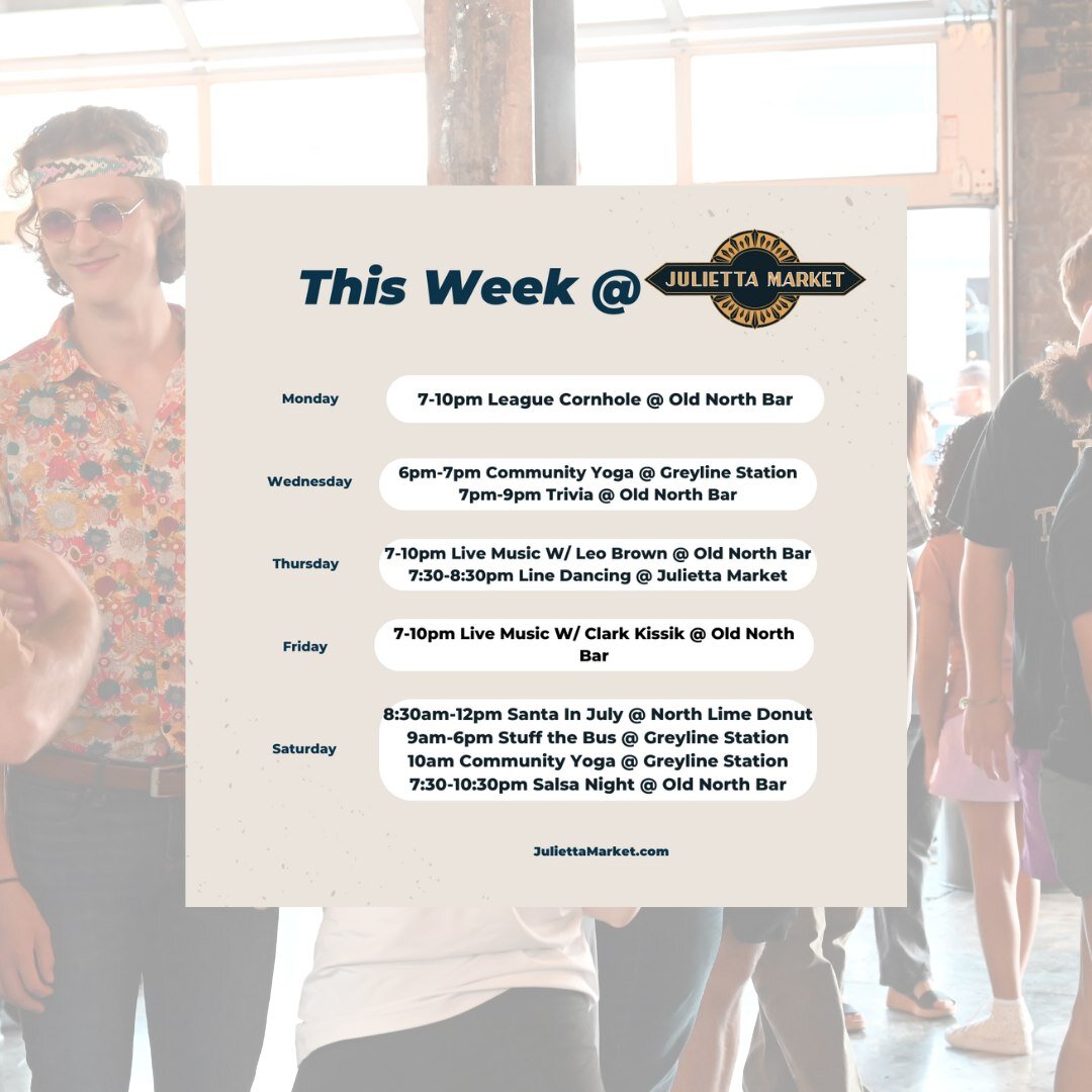 The events for the week of July 24th are here! What a busy week at Greyline! Get groovy with live music at @oldnorthbar leading up to Salsa Saturday with @thesalsacenter.

Not feeling music this week? Come spend some time with Santa at @north_lime or