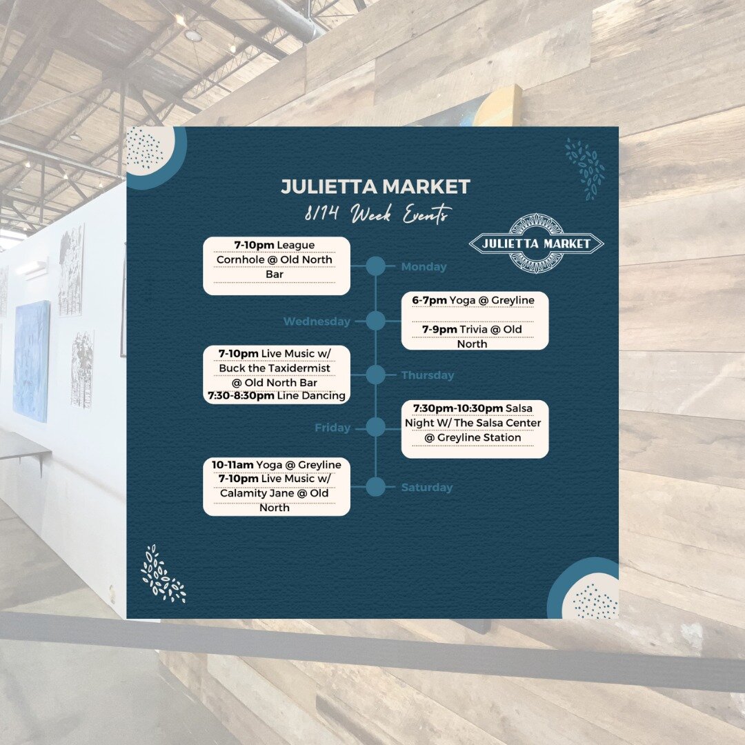 The week of events for 8/14 are live! Trying to impress that someone while working on your Spanish moves? Old North is hosting Salsa Night this Friday from 7:30-10:30pm. Julietta Market is open Thursday through Sunday. Come down to the market to shop