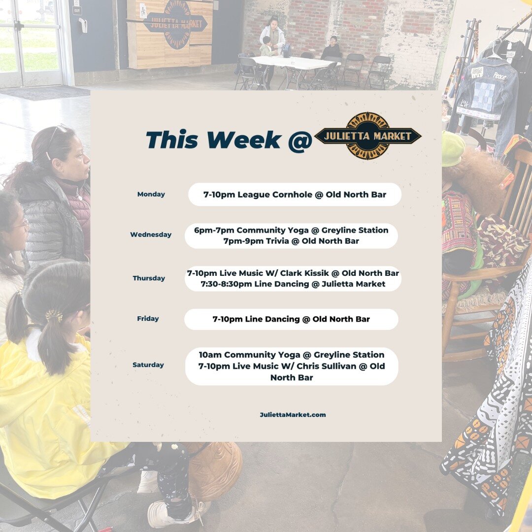 The events for the week of August 21st are here! Old North and Julietta Market are having line dancing on Thursday and Friday. Don't miss your chance to experience these great community activities! 

#supportlocalky #juliettamarket #smallbusiness #po