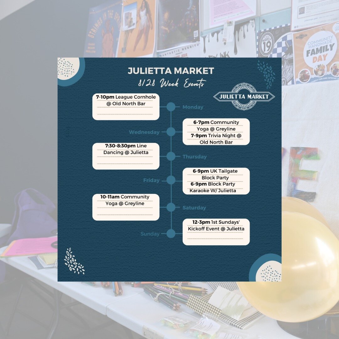 The week of events for 8/28 are live! Big things are happening this week at Julietta Market! Greyline Station's UK Tailgate Block Party is happening this Friday from 5-9pm. Additionally, Julietta Market will be having its monthly First Sundays' event