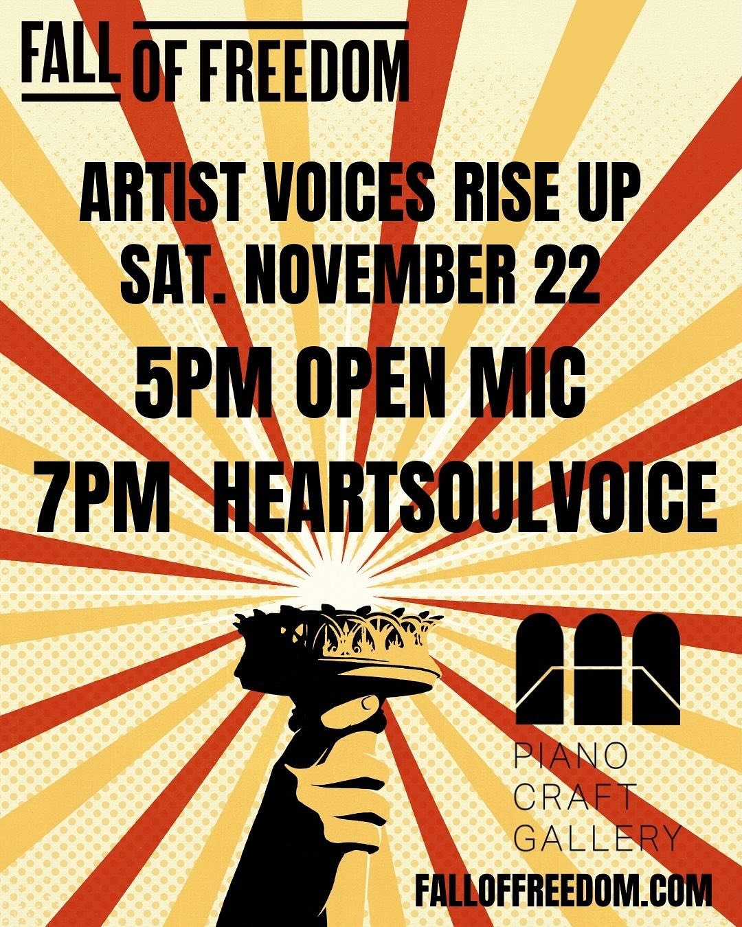 CALL TO ARTISTS: Join the art activist movement #falloffreedom by speaking, performing, singing, moving or sharing your art as part of the Open Mic event Artist Voices Rise Up that I&rsquo;m hosting at @artpcgboston Piano Craft Gallery on Saturday No