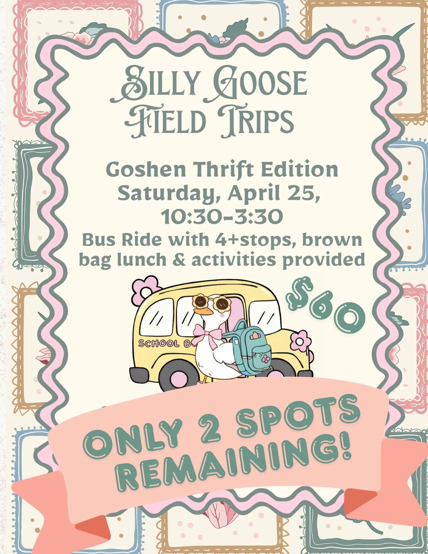 THIS SATURDAY! We have two seats left for the silliest bus trip! We'll show you some of our favorite places to thrift and make friends along the way! Register today and get ready for fun! https://tinyurl.com/mdchs5pt