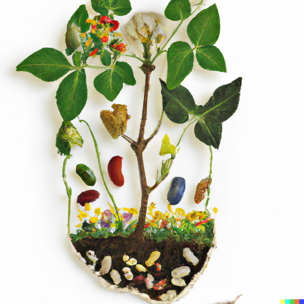 DALL·E 2022-12-29 22.41.28 - a colorful cross section of bean plants growing in the ground, created using pressed leaves and flowers, digital art.png