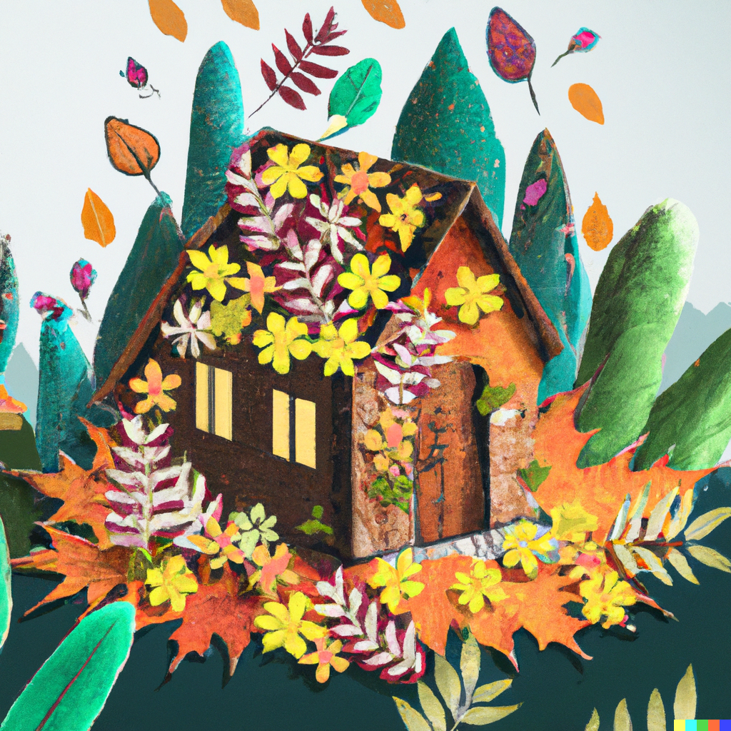 DALL·E 2022-12-29 22.04.01 - a colorful and bright scene made with pressed flowers and leaves depicting a simple cabin in the woods, surrounded by hills and forest. digital art.png
