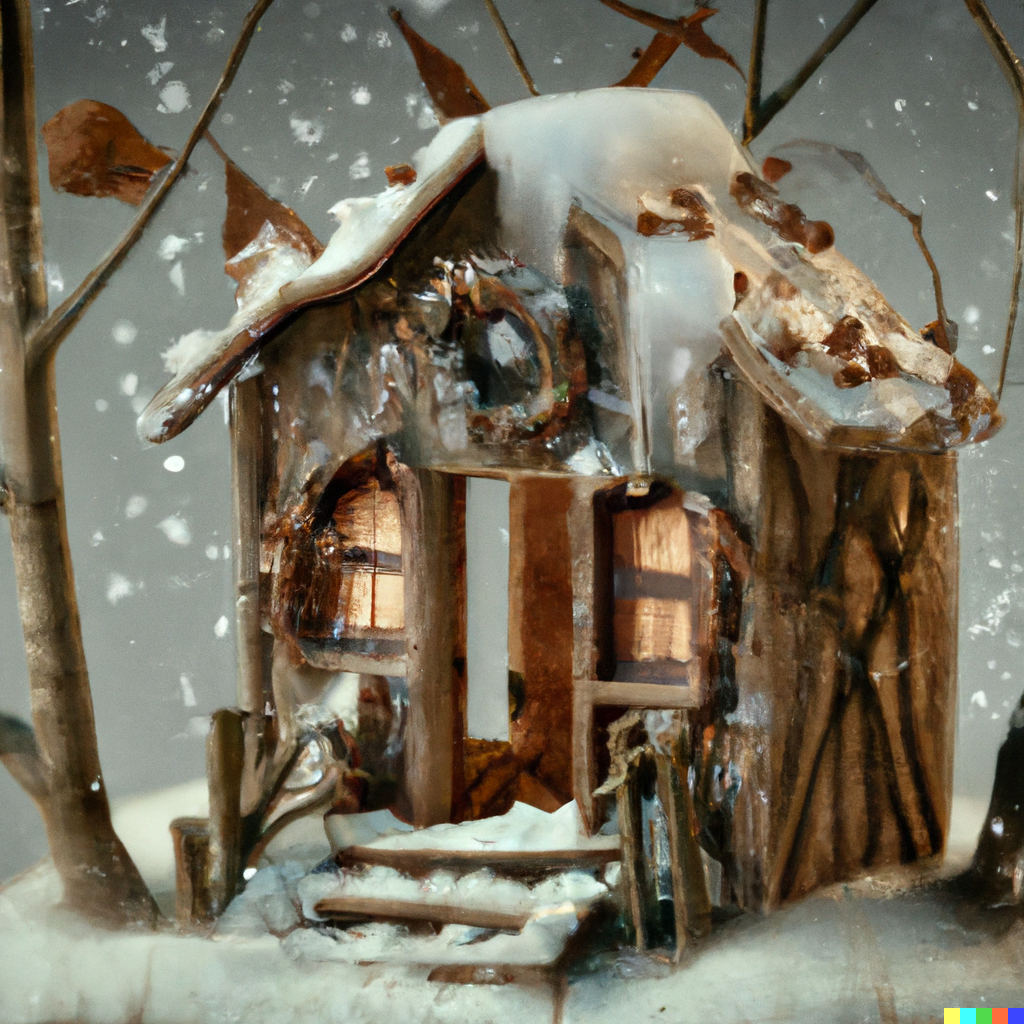 DALL·E 2022-12-29 23.31.51 - a collage made from natural materials that depicts a tiny snow covered cabin in the woods, digital art.png