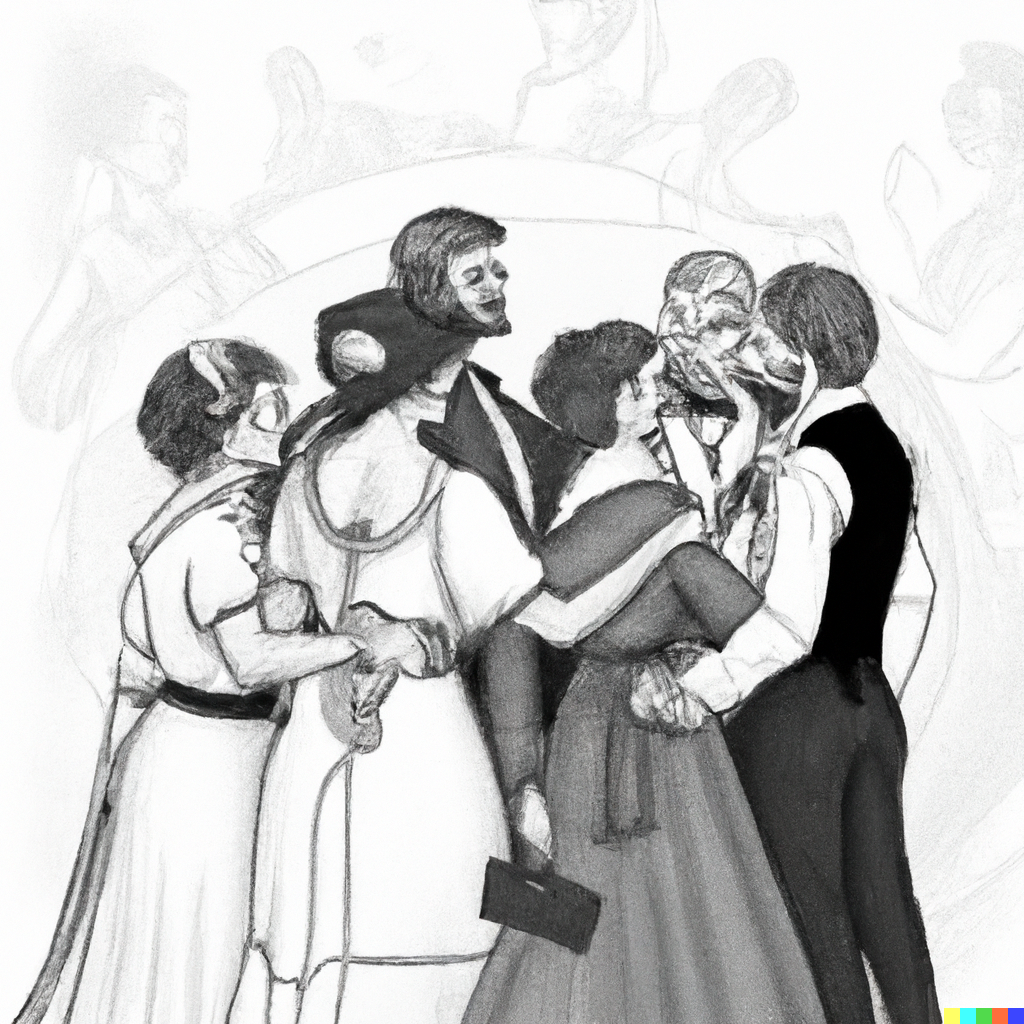 DALL·E 2022-12-30 00.00.58 - a black and white line drawing of a victorian era party with people smiling and hugging, digital art.png