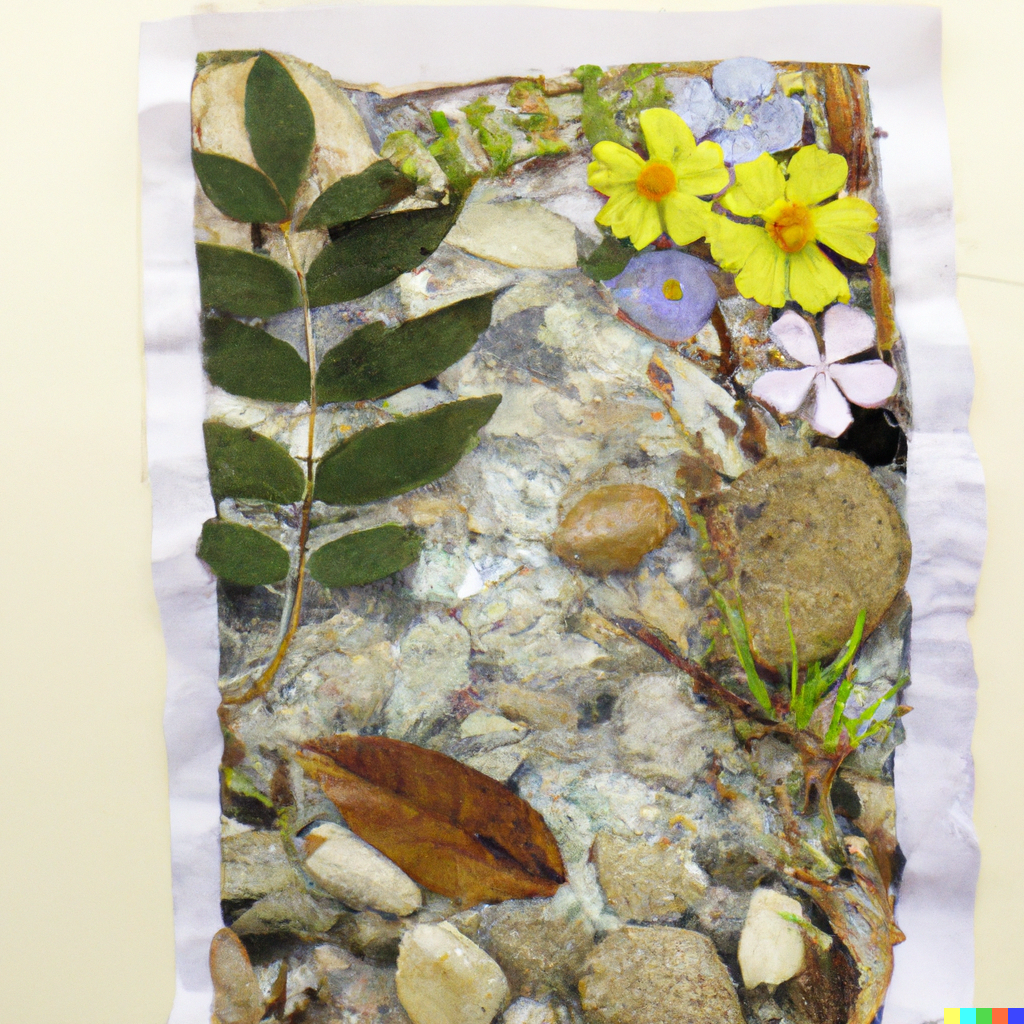 DALL·E 2023-01-02 13.35.11 - a photo of a collage made from pressed leaves and flowers, depicting a clear stream filled with flowers and rocks.png
