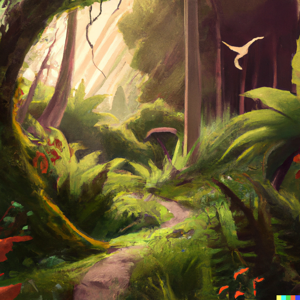 DALL·E 2023-01-31 10.47.45 - path through a forest with birds and ferns, digital art .png