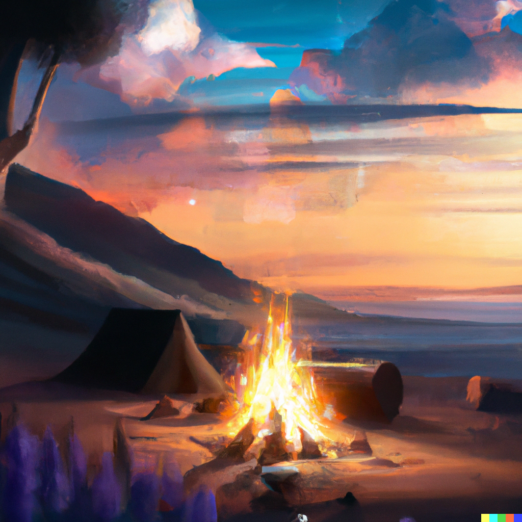DALL·E 2023-01-31 10.58.31 - a sunset scene with a campfire in the foreground, digital art.png