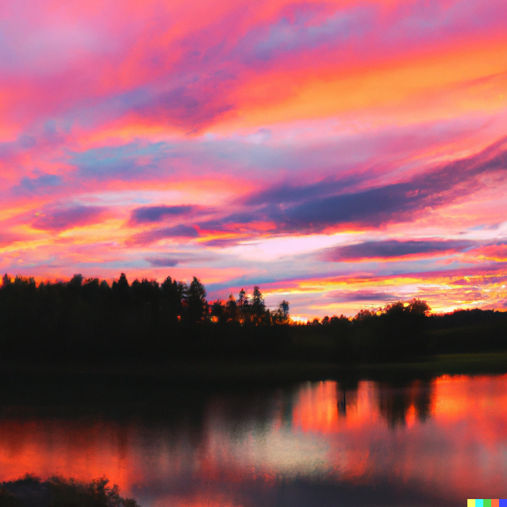 DALL·E 2023-01-31 11.30.34 - a photo of a colorful sunset over a pond surrounded by a forest.png