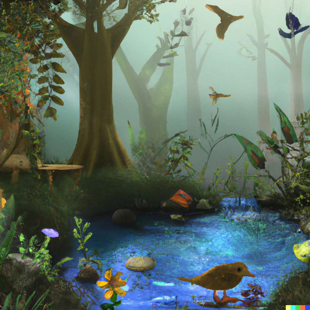 DALL·E 2023-02-06 16.09.28 -  a forest scene with a magical pond full of birds and fish.png