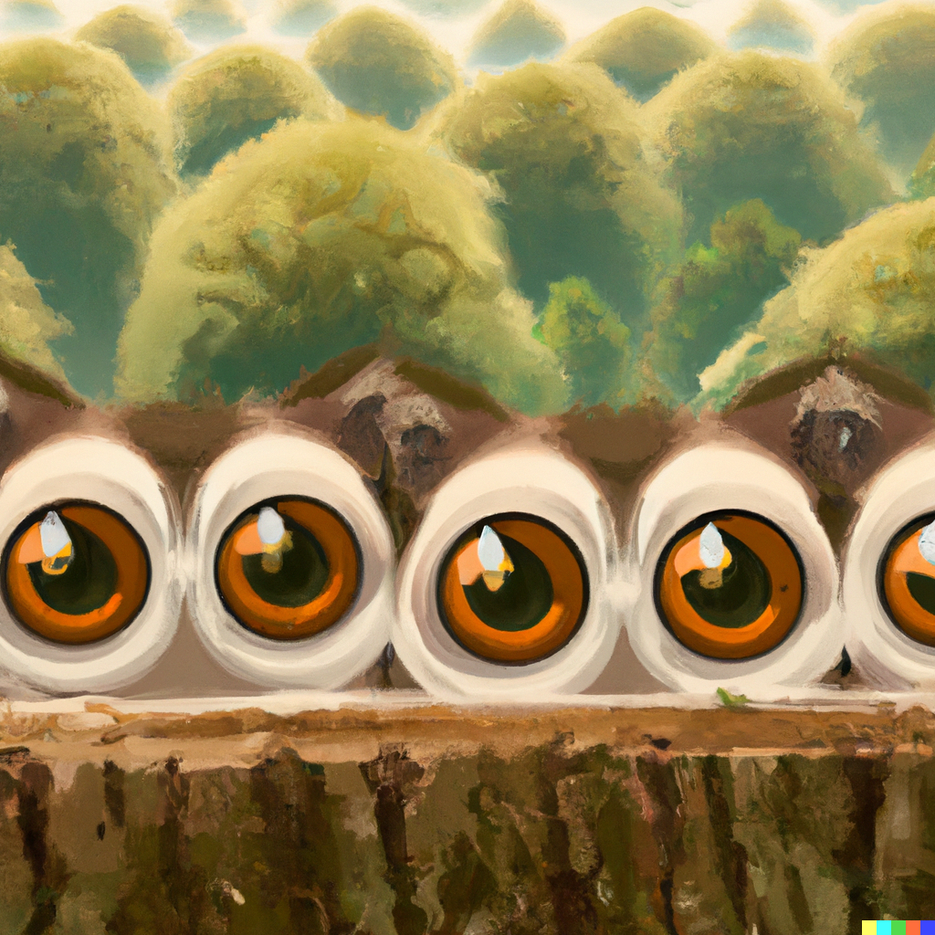 DALL·E 2023-02-07 12.50.43 - a bunch of cute little animal eyes peeking out from the tree line of a forest, digital art.png