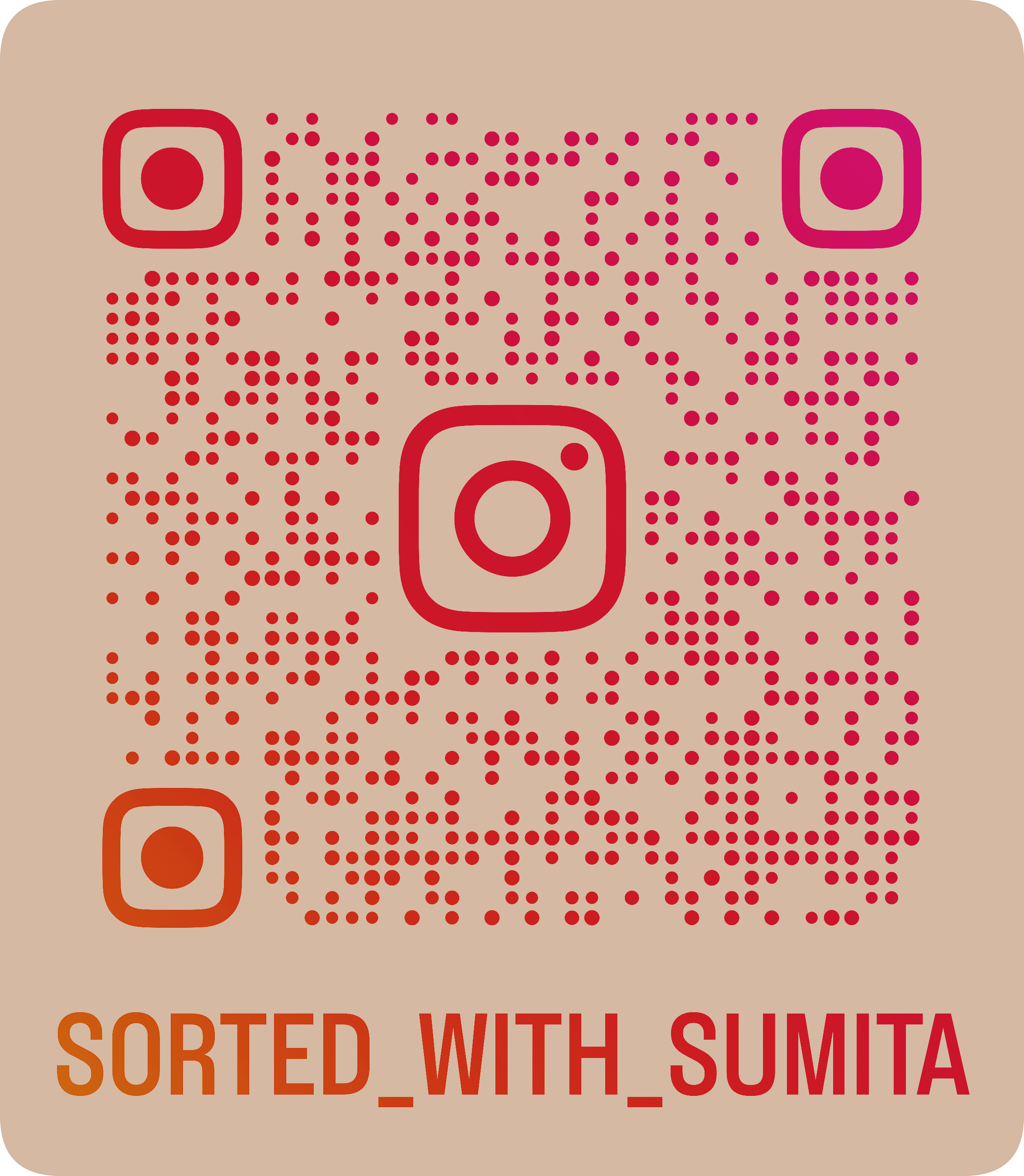 A colorful Instagram QR code on a beige background with the text 'SORTED_WITH_SUMITA' below it.