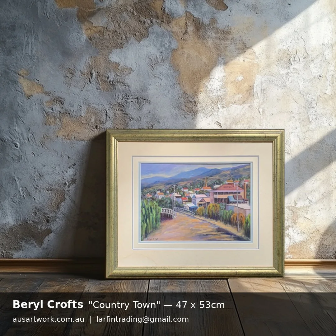 Beryl Crofts, Country Town, framed original watercolour, 47 x 53cm