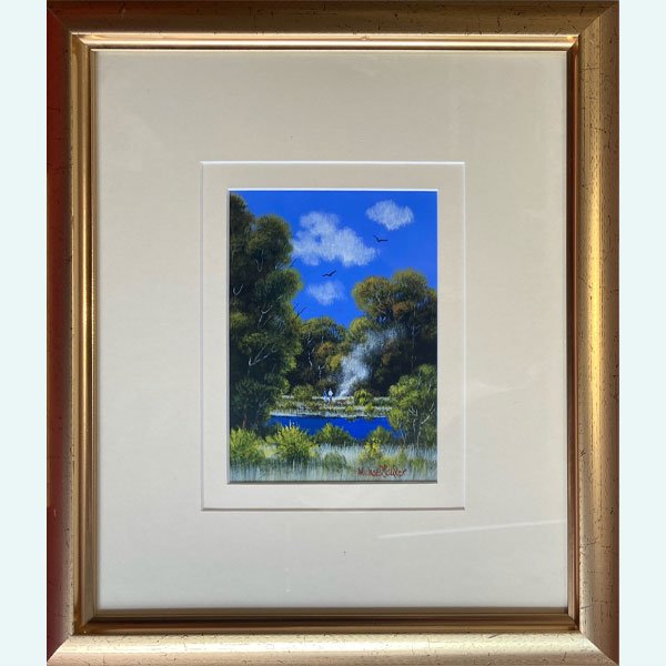 Landscape painting by Michael Taylor showing a calm river surrounded by Australian bushland, with native trees, white clouds, birds flying overhead and vivid blue water reflection