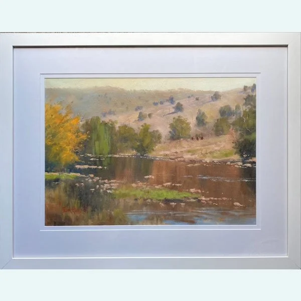 Close-up of Macquarie by Frank Hodgert. River scene with golden foliage, rolling hills, and three small figures. Signature visible in lower left corne