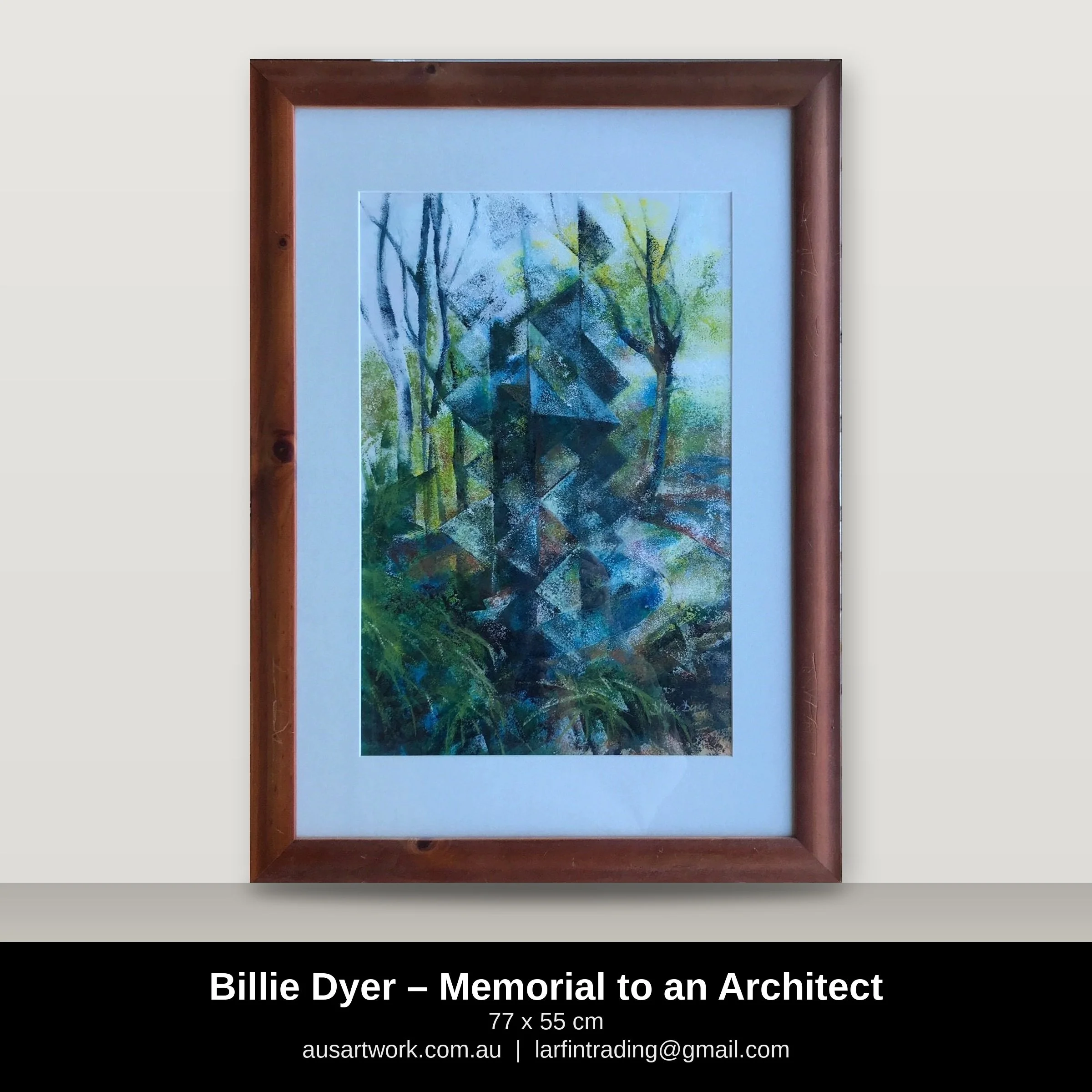 Billie Dyer painting - Memorial to an Architect (Wood framed gouache painting of an abstract scene in the forest)