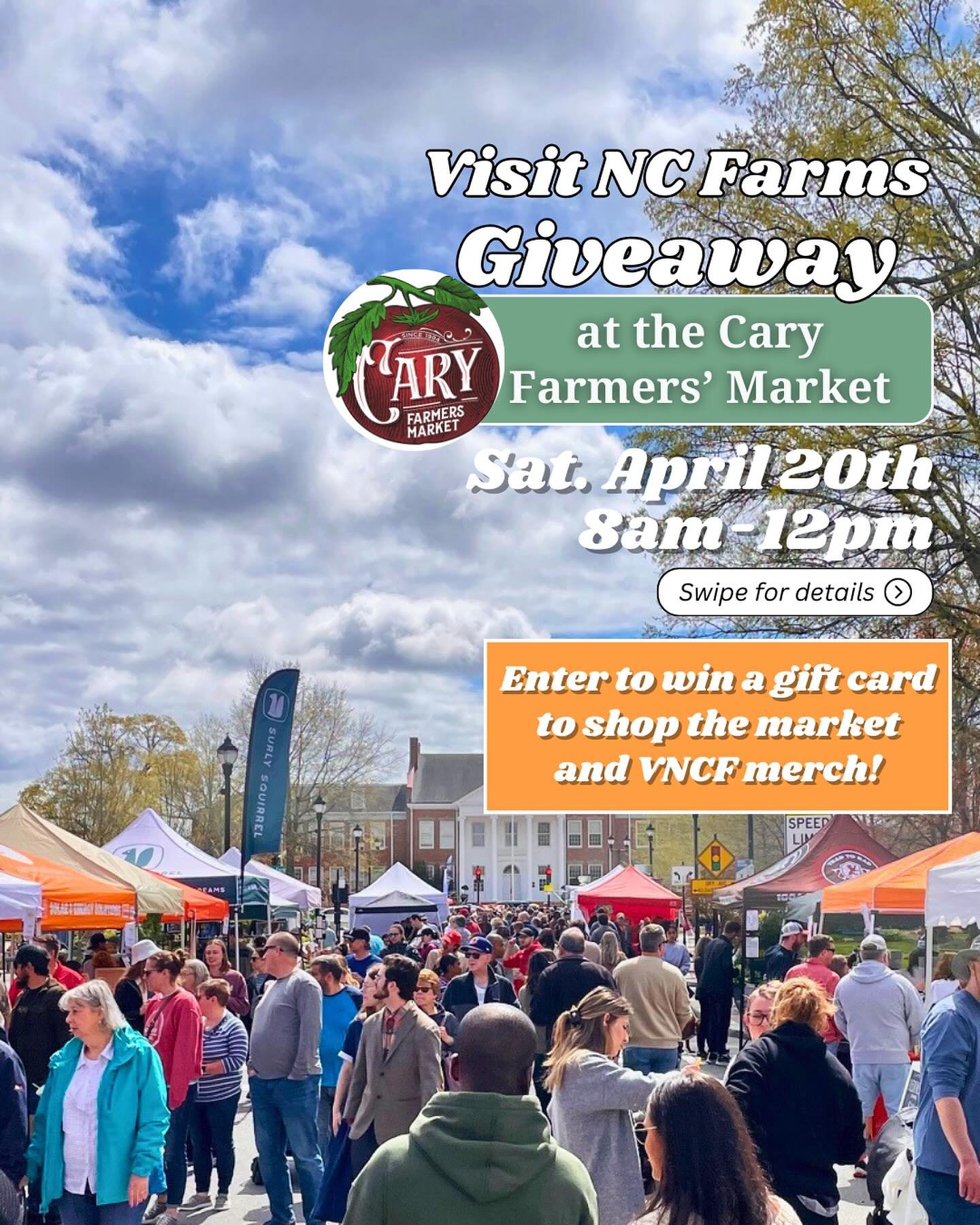Next stop, Wake County! 🎊Our Farmers&rsquo; Market Giveaway is headed to the @caryfarmersmkt on Saturday, April 20th and we&rsquo;re choosing ONE lucky winner to shop the market on us and take home some awesome VNCF merch.☀️

Here&rsquo;s how you 🫵