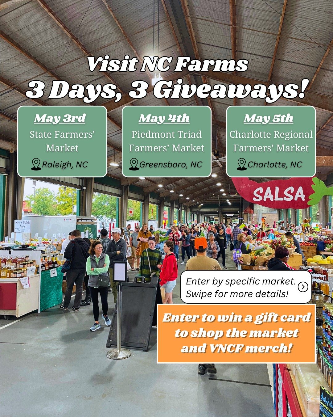 📣 Raleigh, Greensboro and Charlotte! Next weekend we're coming to YOU - Visit NC Farms will be at all three State Markets from Friday to Sunday! 🎊 We'll be choosing ONE lucky winner for each day/market. Winners will do some shopping on us and take 