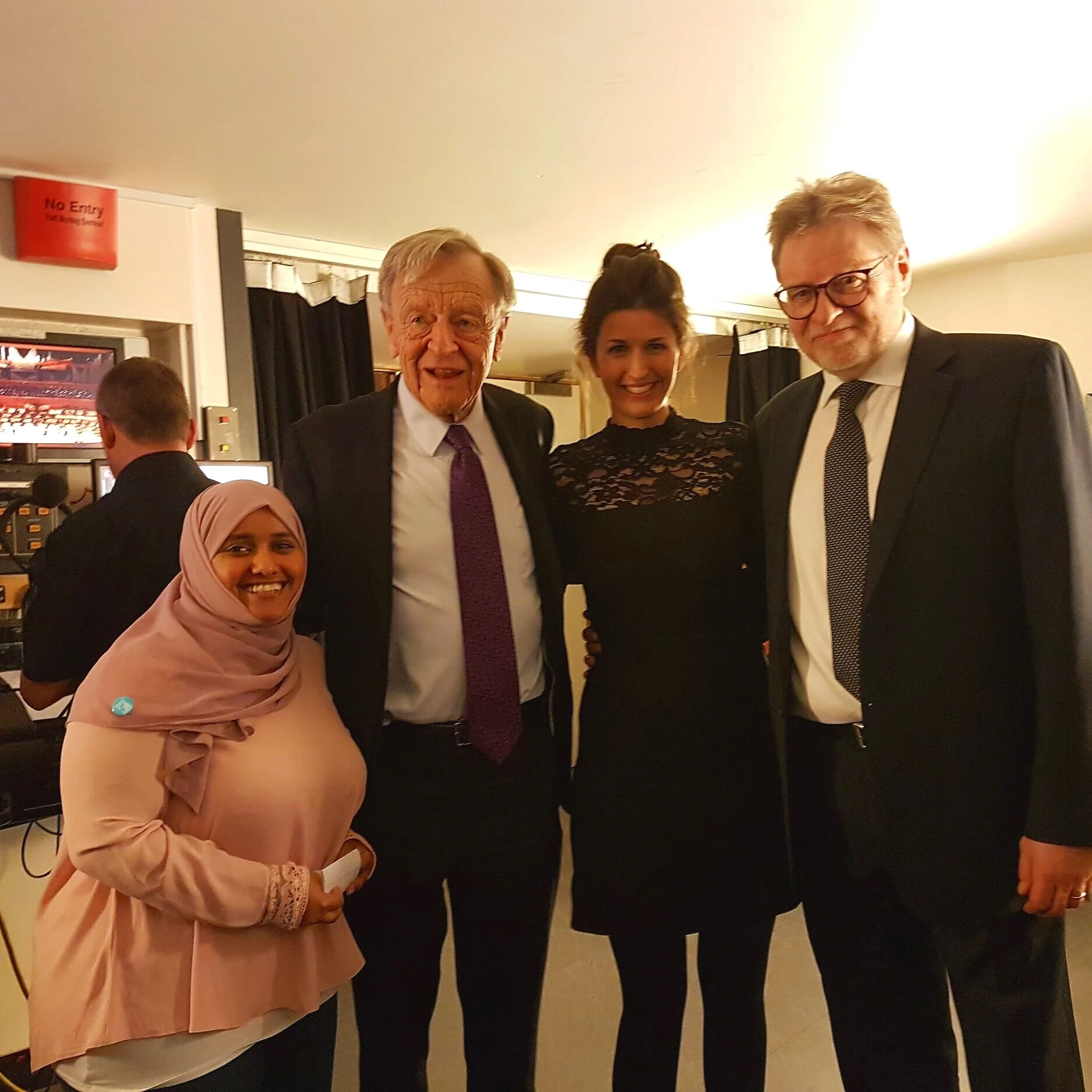 Speakers Sabrin Suleiman and Lord Alfred Dubs backstage with Tamzin Aitken (Executive Producer) & Maurice Wren (then Chief Executive of the Refugee Council)