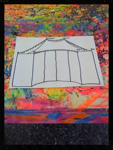   Curtis Canaday 's sketch of the blacklight responsive circus tent backdrop for  Batguy is Dead . 