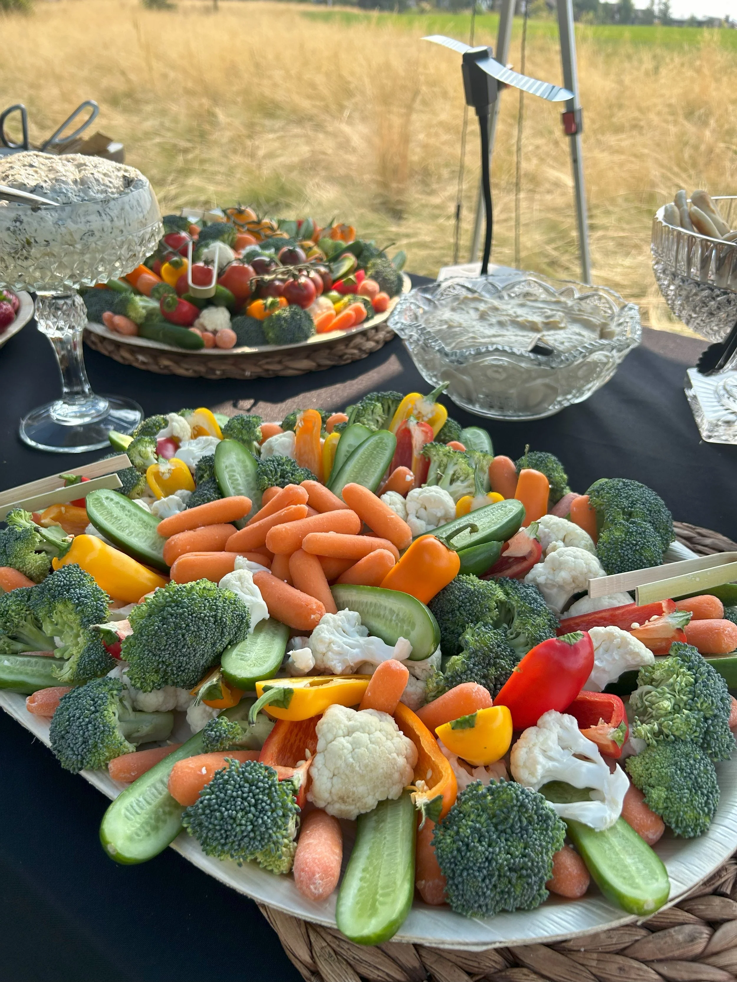 A fresh crudité display featuring seasonal vegetables served with hummus and herb dressing dipping sauces, available as part of the Lone Peak Provisions catering menu in Bozeman, Montana.