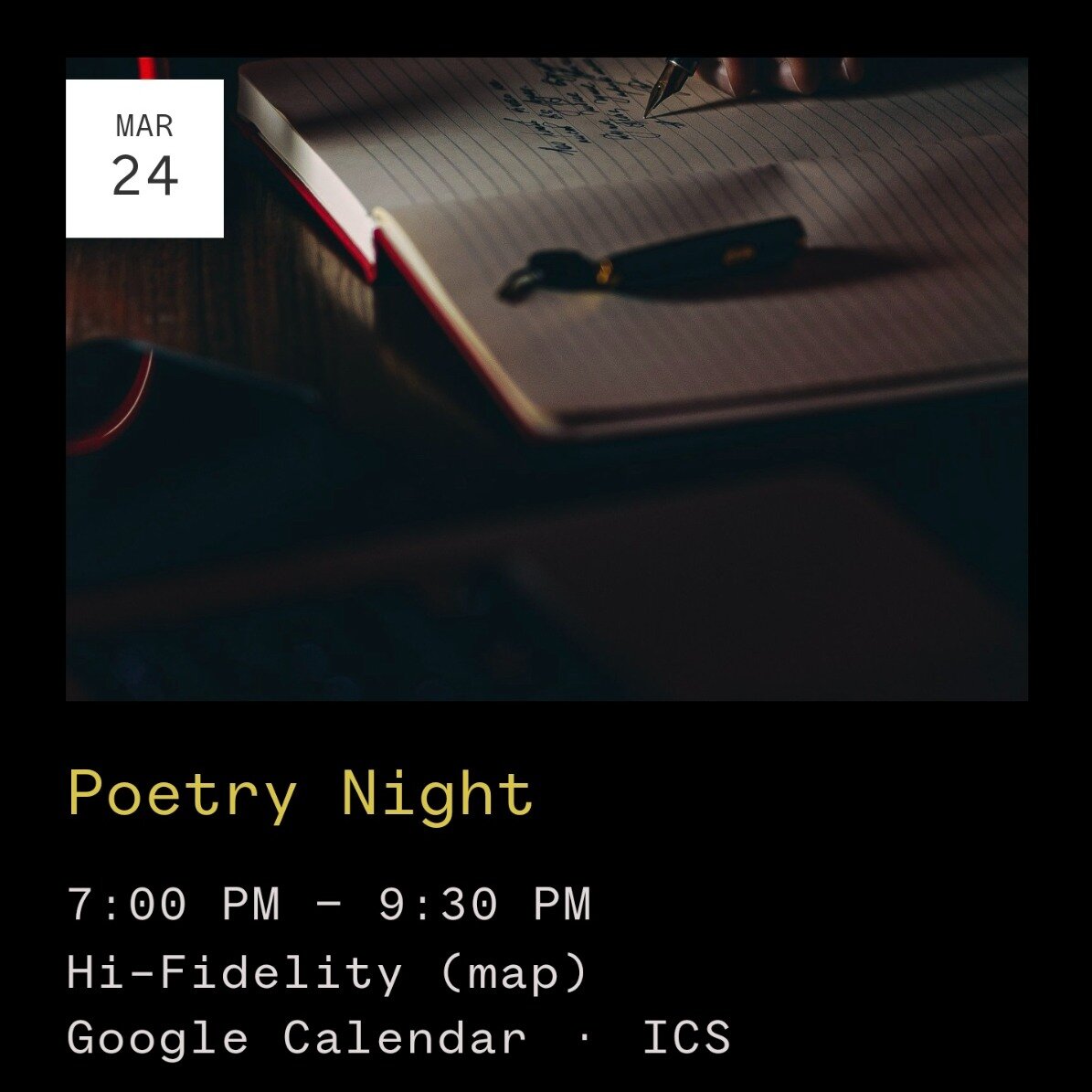 EVERY 2ND &amp; 4TH SUNDAY we host an open mic dedicated to poetry, prose, and any other written format you'd like to share!

The sign-up sheet hits the bar at 6:30pm and the mic is open from 7 - 10pm.

It's been amazing having so any talented writer