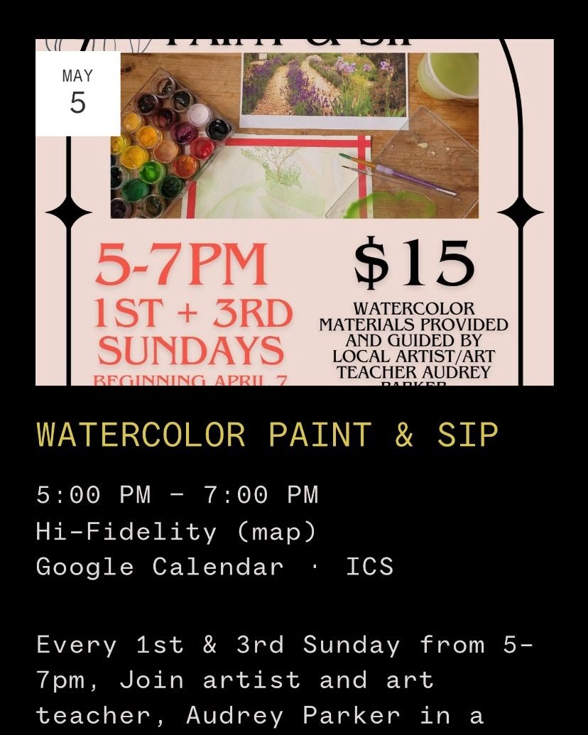 WATERCOLOR PAINT &amp; SIP

Every 1st &amp; 3rd Sunday from 5-7pm, Join artist and art teacher, Audrey Parker in a guided evening of watercolor painting while you enjoy some low ABV beer! Materials provided for just $15!

#PaintAndSip #WatercolorPain