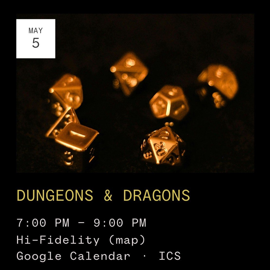 Ever been curious about table top role playing games? Every First Sunday @brewing_dm hosts an evening of Dungeons &amp; Dragons in our tasting room from 7pm - 9pm!!

Play DnD at Hi-Fidelity! Magic and Mystery! Adventure and Intrigue! What is that duc