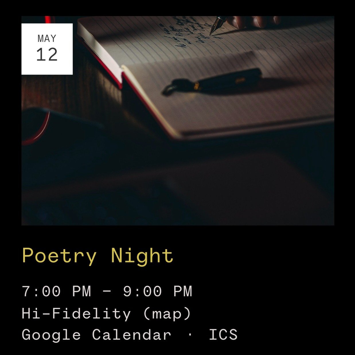 EVERY 2ND &amp; 4TH SUNDAY we host an open mic dedicated to poetry, prose, and any other written format you'd like to share!

The sign-up sheet hits the bar at 6:30pm and the mic is open from 7 - 10pm.

It's been amazing having so many talented write