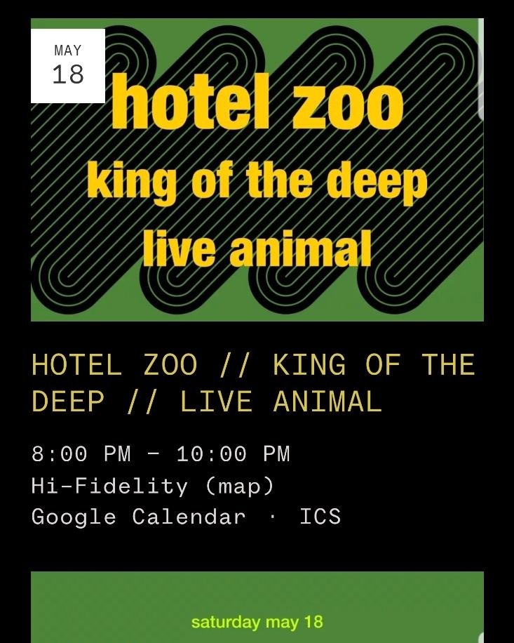 LIVE MUSIC -- SATURDAY MAY 18TH @ 8PM
HOTEL ZOO // KING OF THE DEEP // LIVE ANIMAL
@hotel.zoo.band @kingofthedeepband @ask_chadgpt

If you're a dedicated member of our little section of the Portland music community, you already know these names, but 