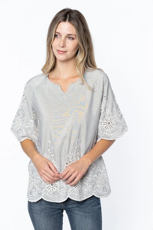 Striped Scalloped Sleeves Blouse