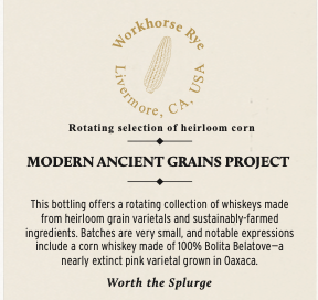 Image of a label highlighting modern ancient grains project, featuring a corn illustration and text about heirloom corn and whiskey production.